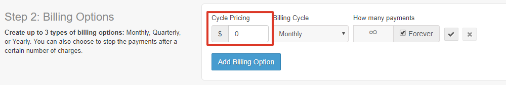 Enter the membership price details. First, the cycle pricing (in dollars) which will determine how much a customer pays