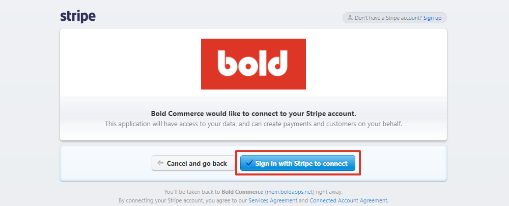 Select Connect Stripe Account, then select Sign in with Stripe to connect, on the right-hand side