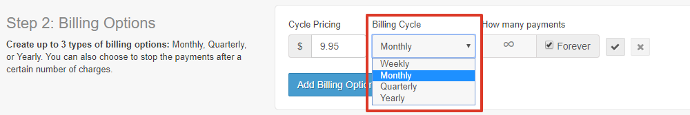  To the right of the cycle pricing is a dropdown for the billing cycle (weekly, monthly, quarterly, or yearly)
