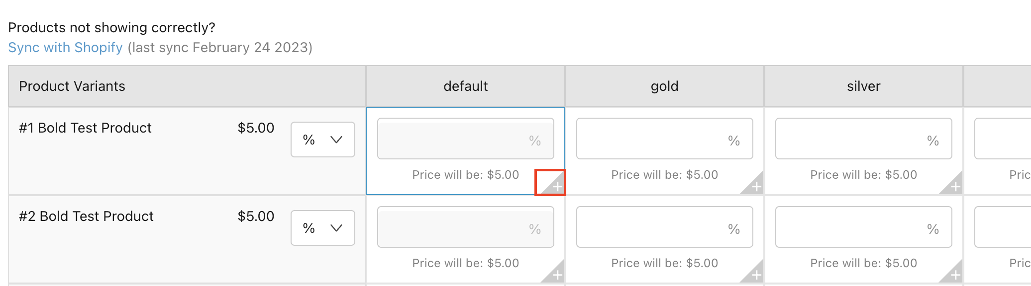 Plus symbol to access quanity break settings
