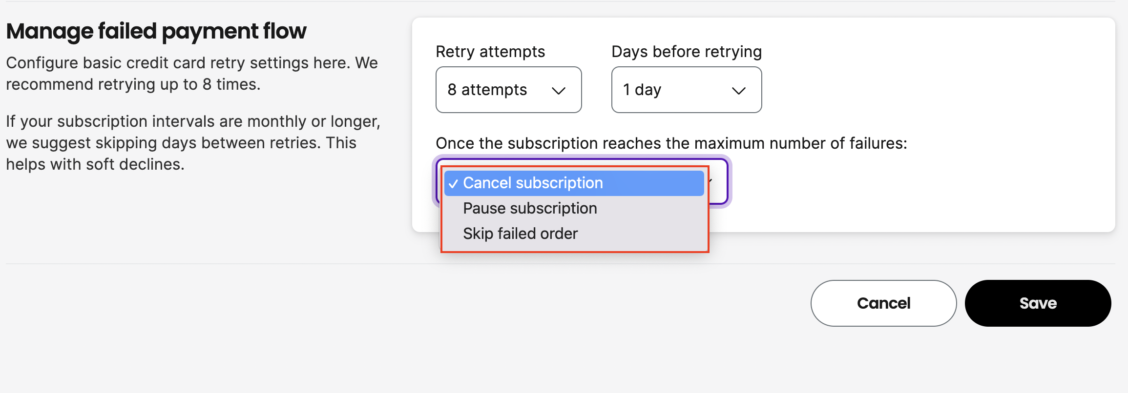 Manage failed payment flow
