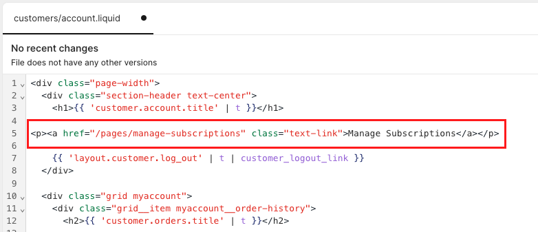 Debut code example for placing the Manage Subscriptions link