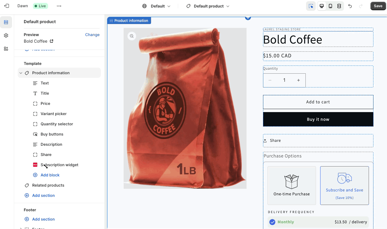 Drag and drop Subscription widget