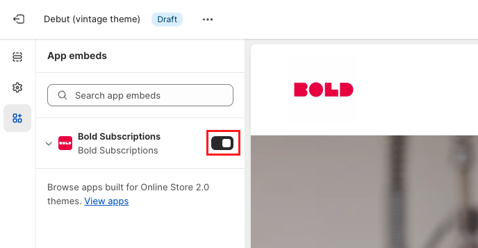 Bold Subscriptions app embed toggle