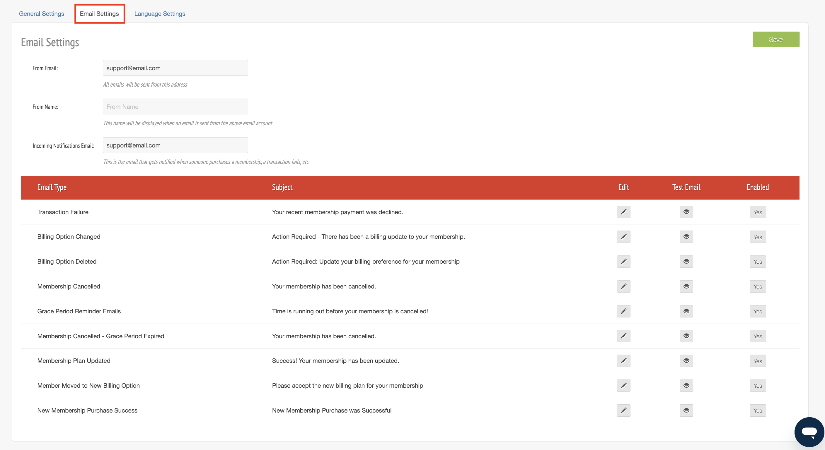 Email settings