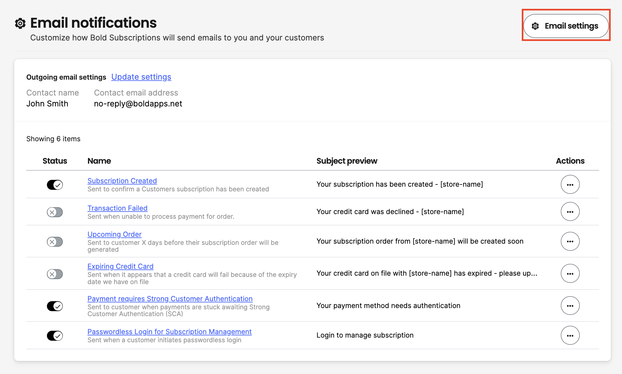 Email Settings Subscriptions