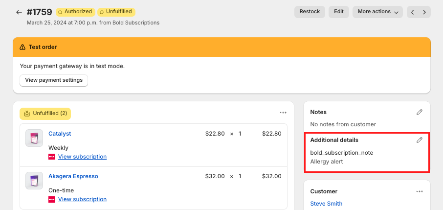Subscription note on the order details page