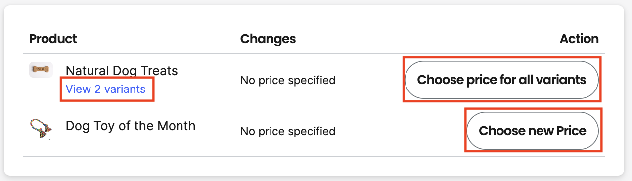 Choose new price or variant