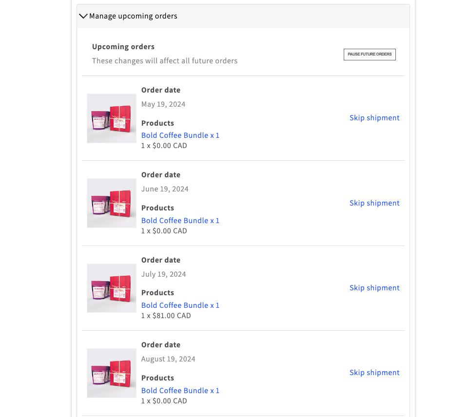 Manage upcoming orders section