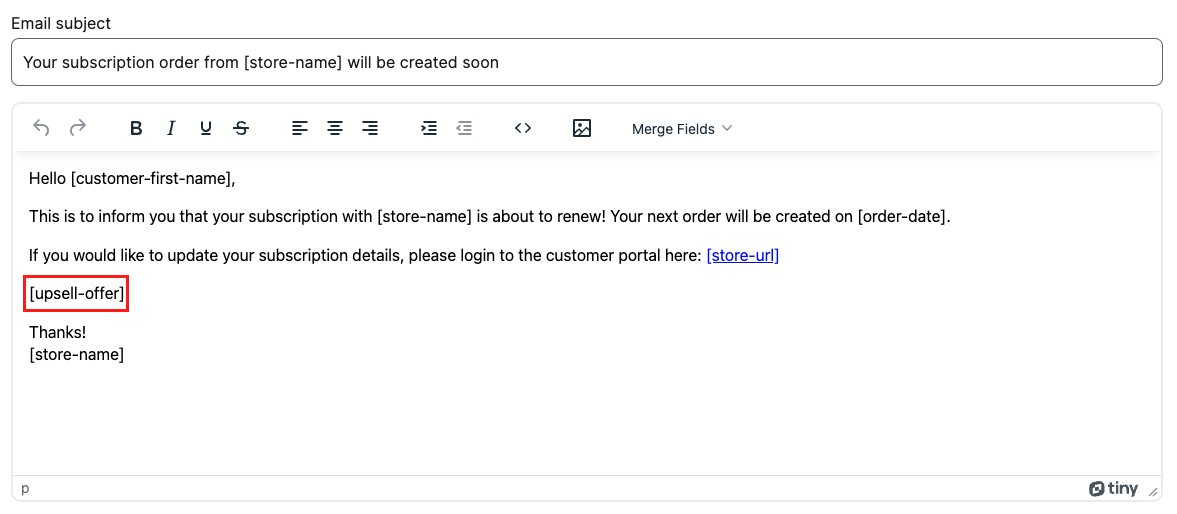 Upsell merge field in body text