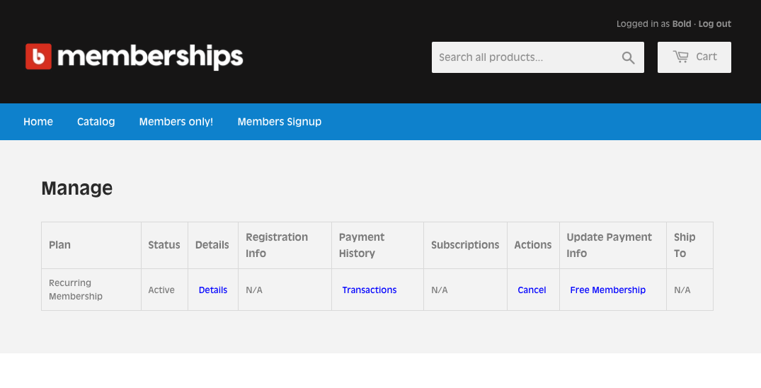 Manage Membership customer account page