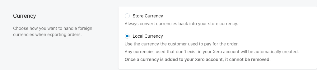 Xero Sync Currency settings