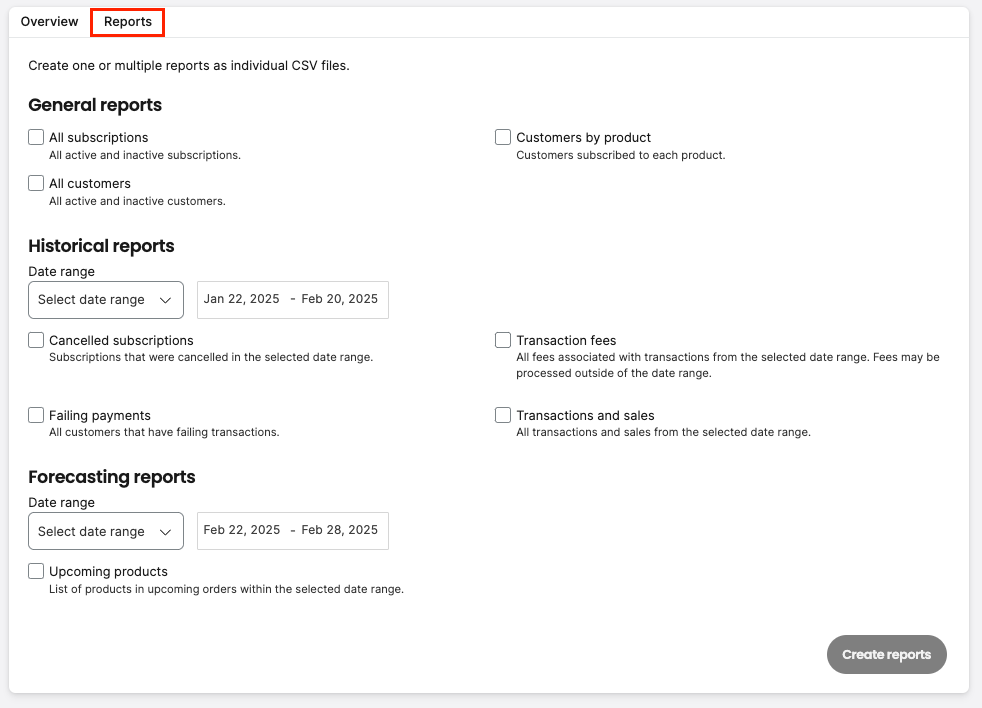 Reports page