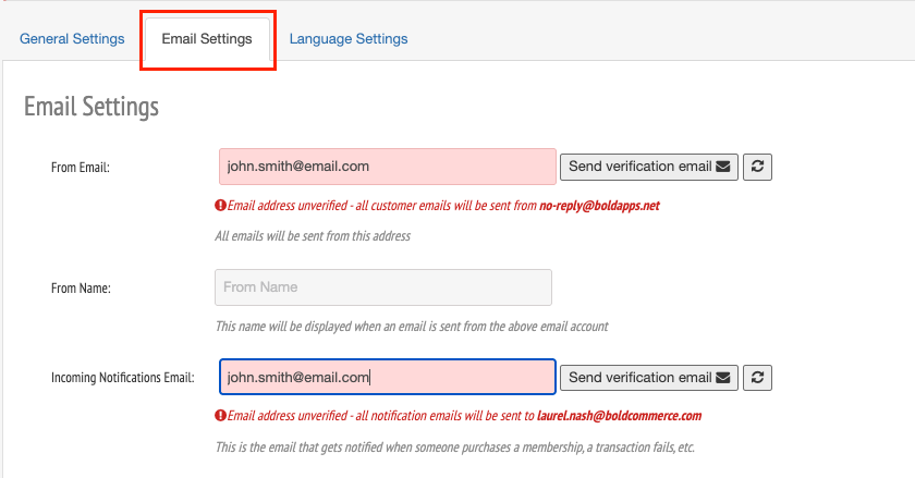 Bold Memberships Email Settings