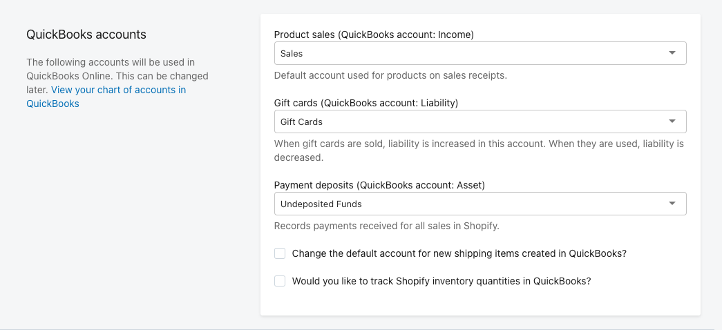 QuickBooks accounts settings