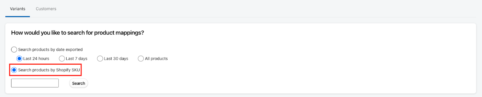 Shopify SKU search filter