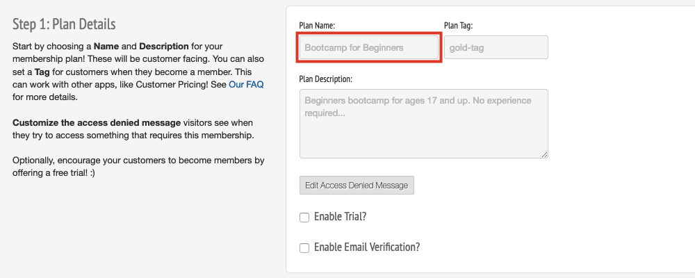 In Step 1, enter your plan name in the first textbox