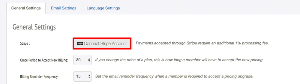 Under General Settings, select Connect Stripe Account