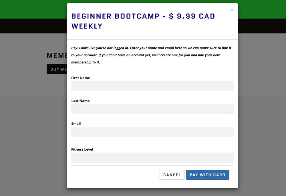 Picture shows a registration form with the title Beginner Bootcamp - $9.99 CAD Weekly, form fields, and an option in the bottom-right to pay with card