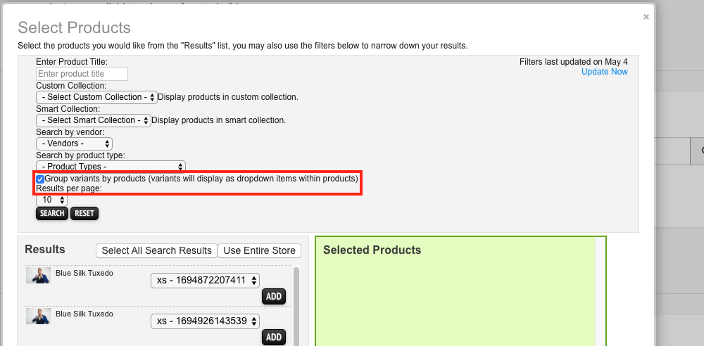 Deselect the group variants by products option