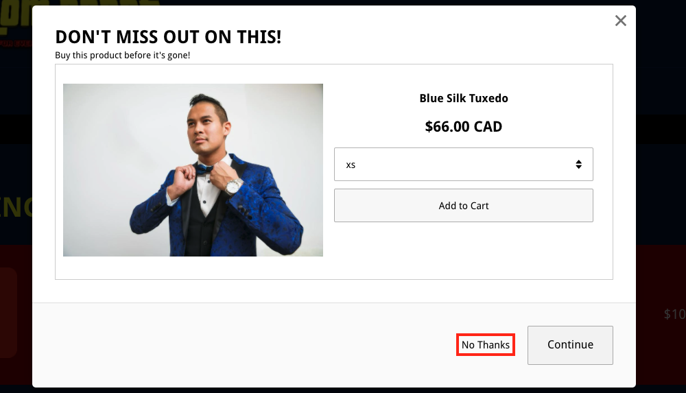 No Thanks button example in Upsell Modal for Before Checkout Offers