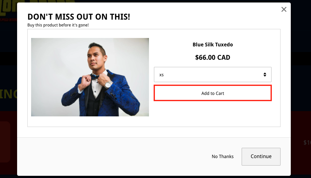 Add to Cart button example in Upsell Modal