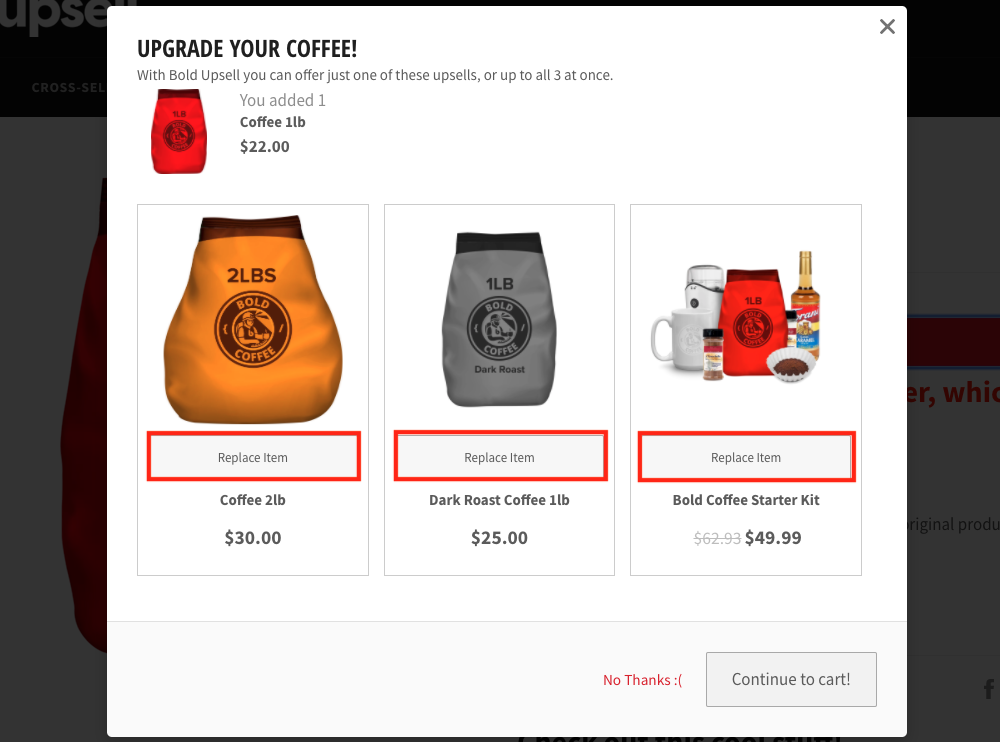 Replace Item Screenshot in Upsell Modal