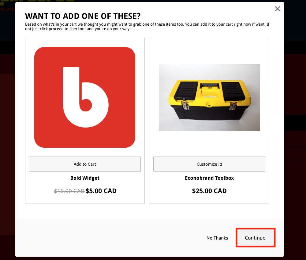 Continue Button Screenshot in Upsell Modal