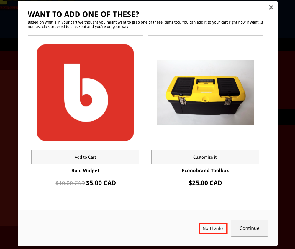 No Thanks Button Example in Upsell Modal