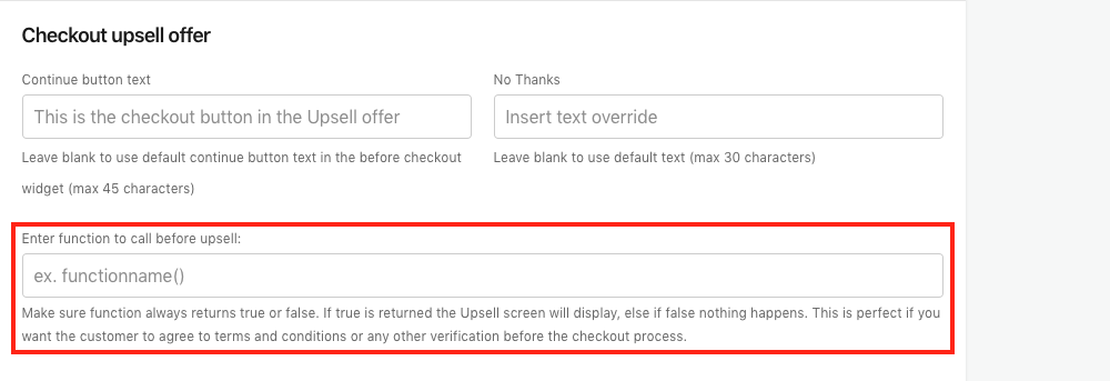 Checkout upsell offer - Enter function to call before upsell setting in Bold Upsell Screenshot