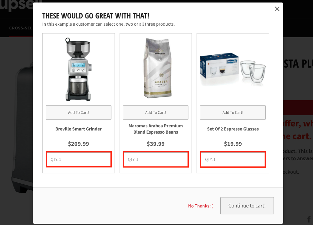 Quantity box input field example in Upsell Modal