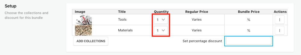 Set a quantity for each collection