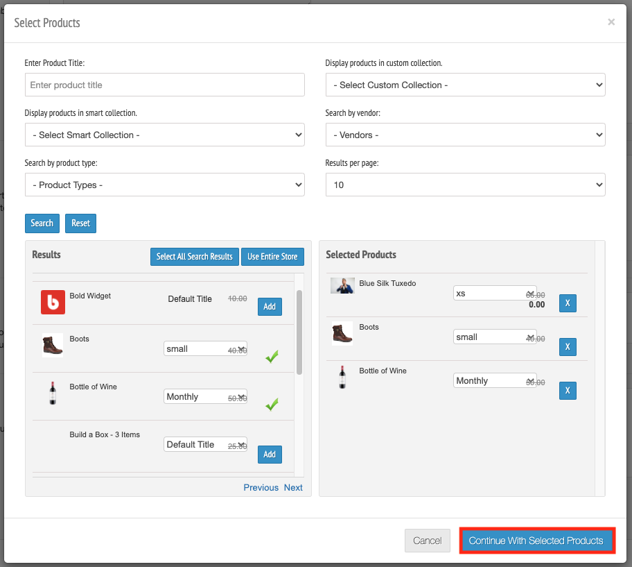 Select your products, then select Continue with Selected Products