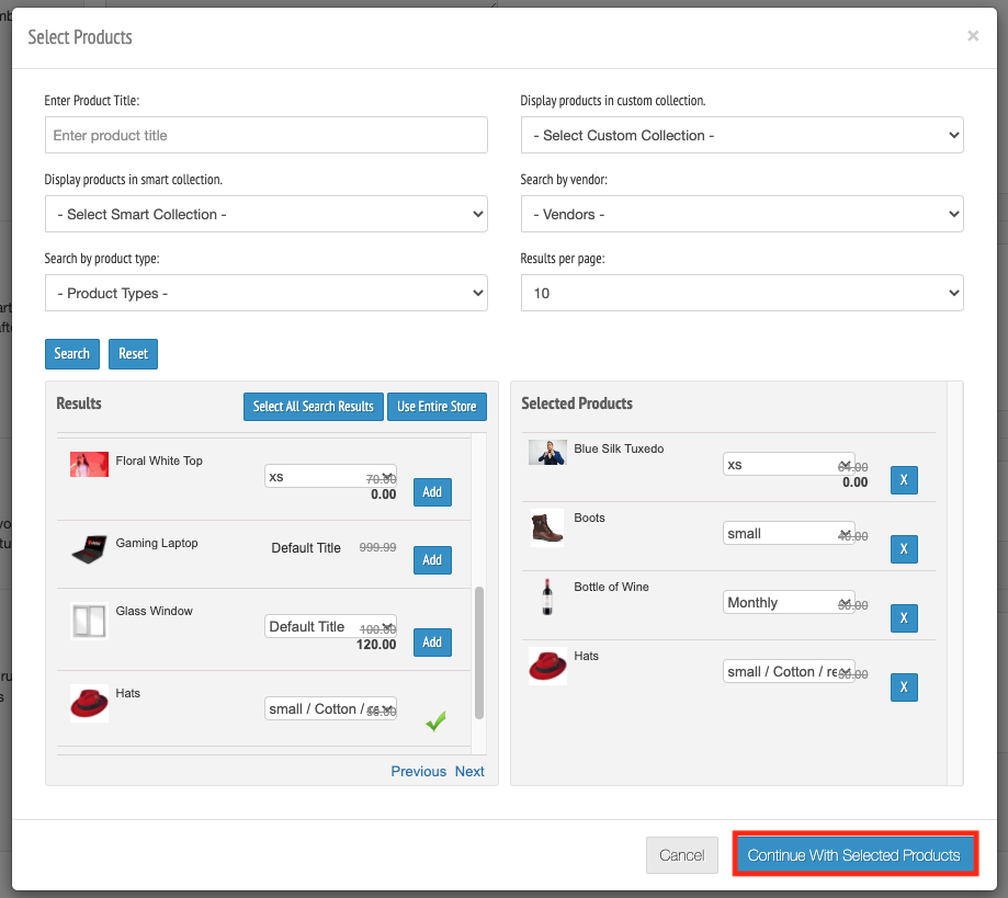 Select your products, then select Continue with Selected Products