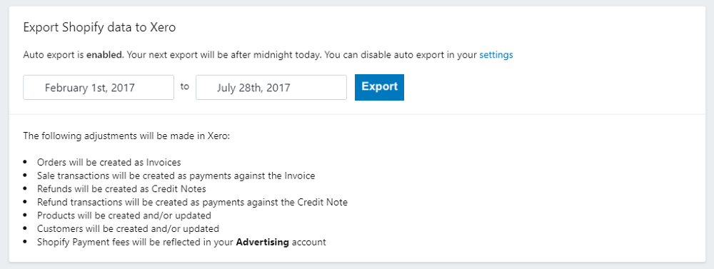 Xero Order Exports