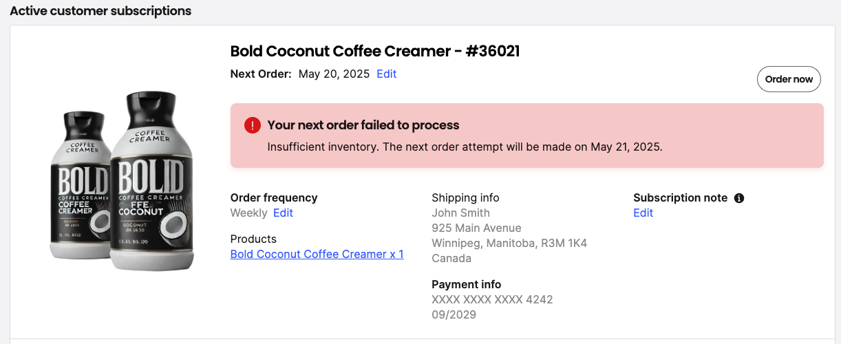 Customer portal failed order message: Insufficient inventory