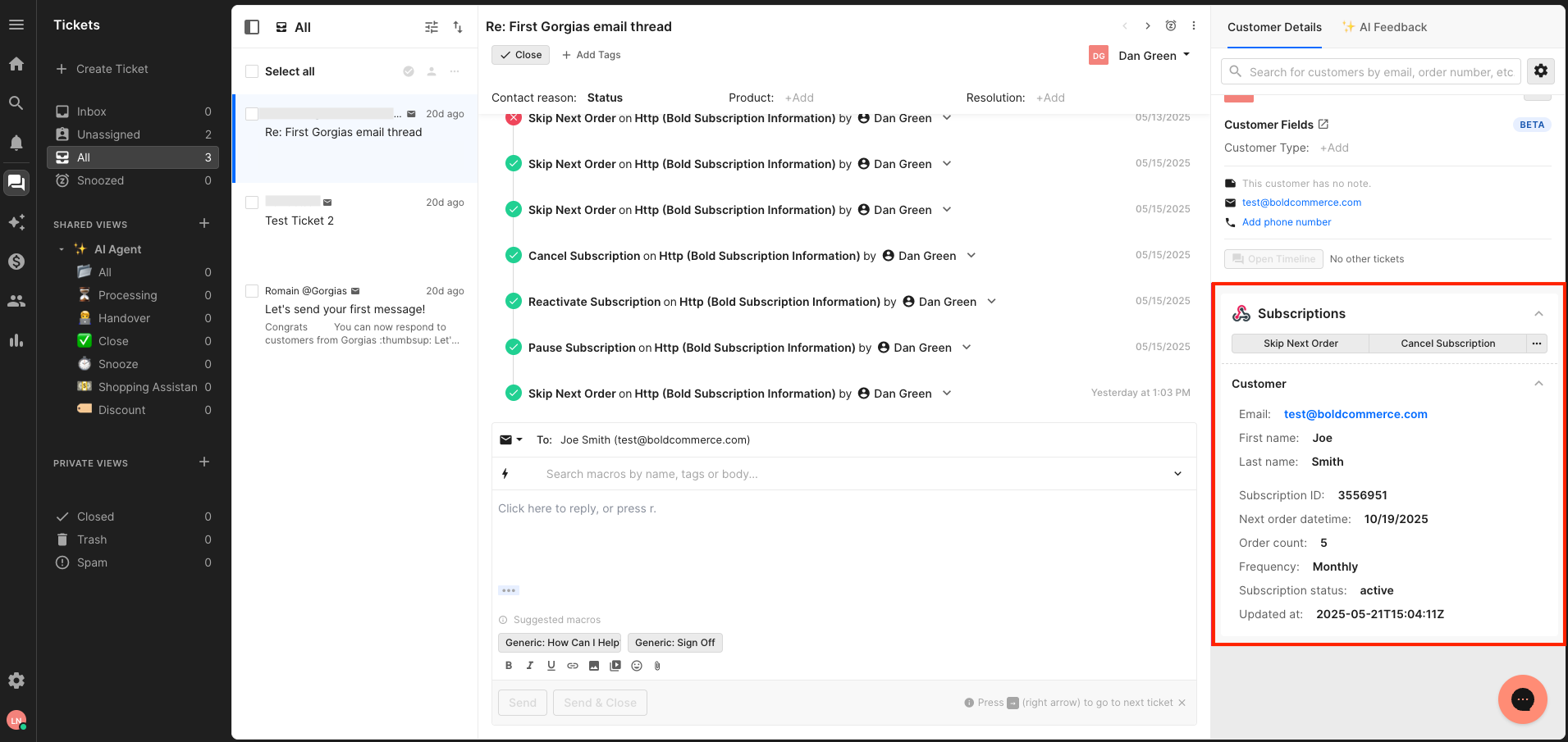 Gorgias with Bold Subscriptions integration