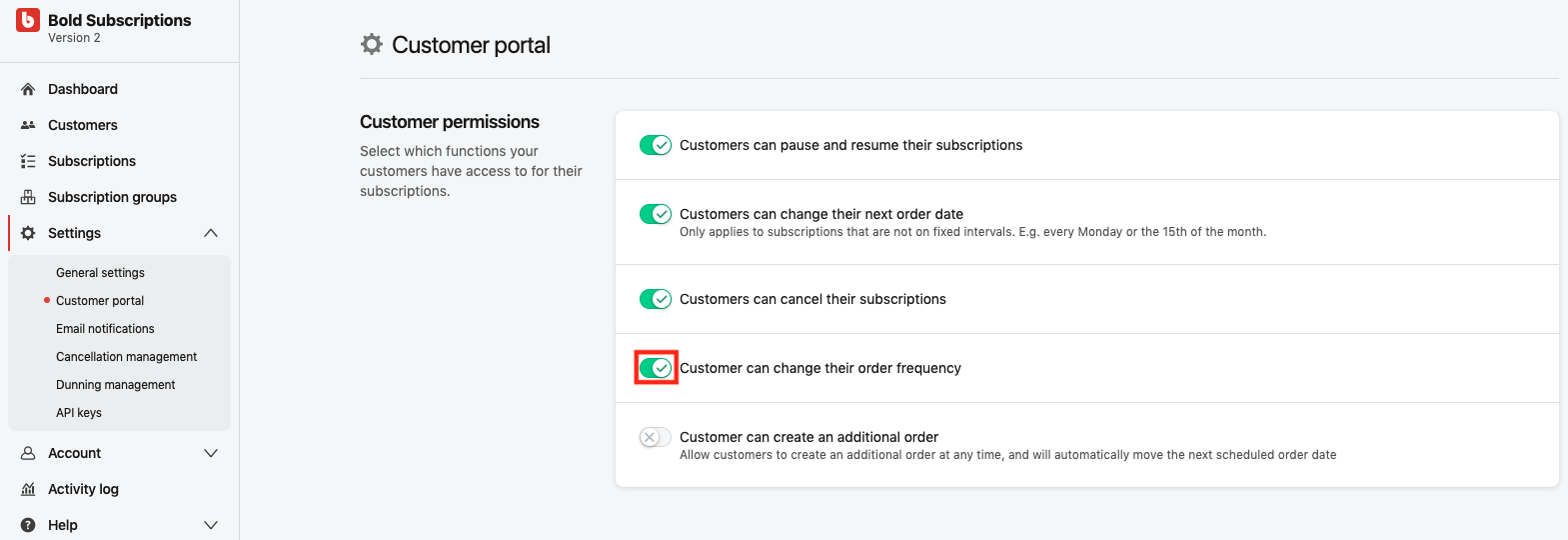 Select toggle beside Customer can change their order frequency