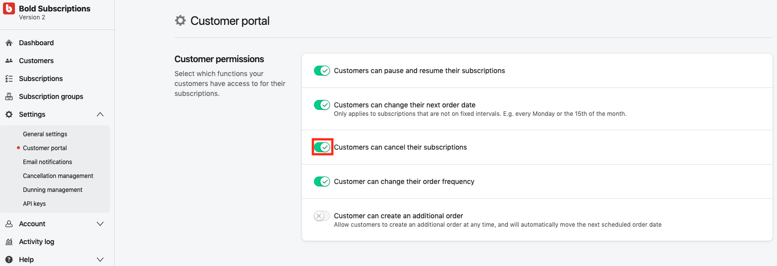 Toggle for Customers can cance their subscriptions