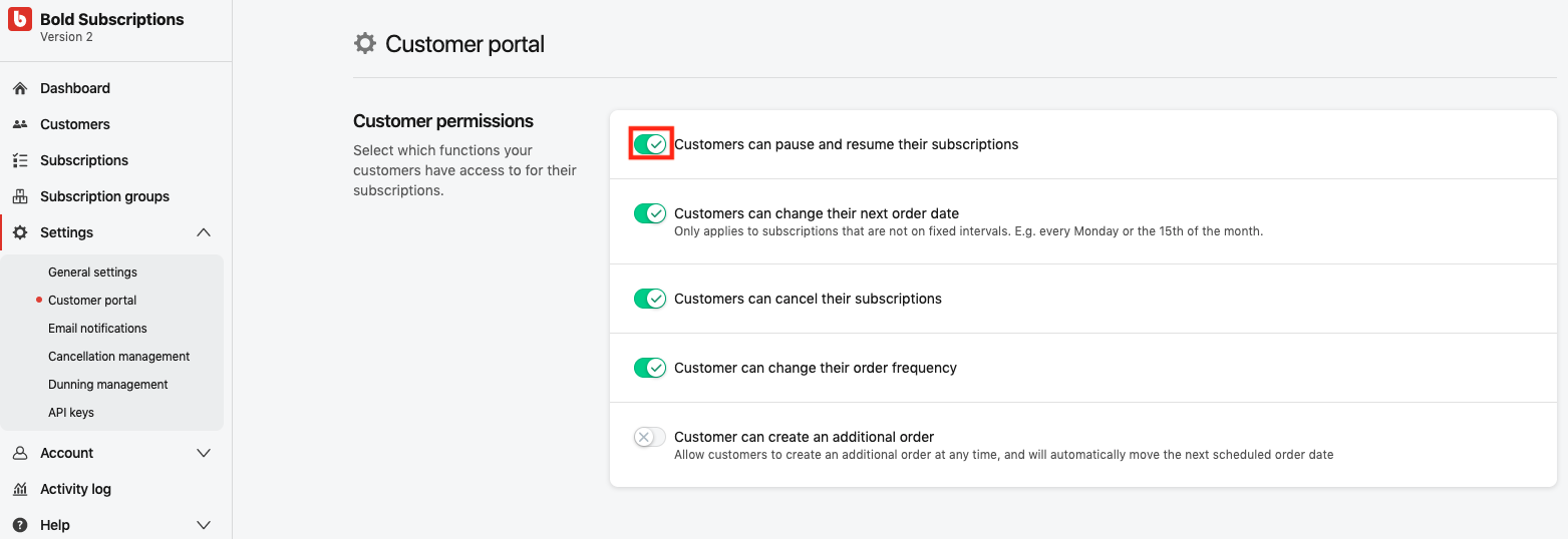 Toggle for Customers can pause and resume their subscriptions
