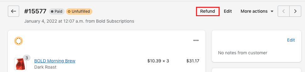 Refund button in Shopify