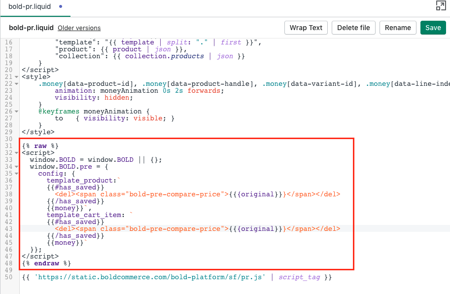 Bold-pr.liquid file with customization code